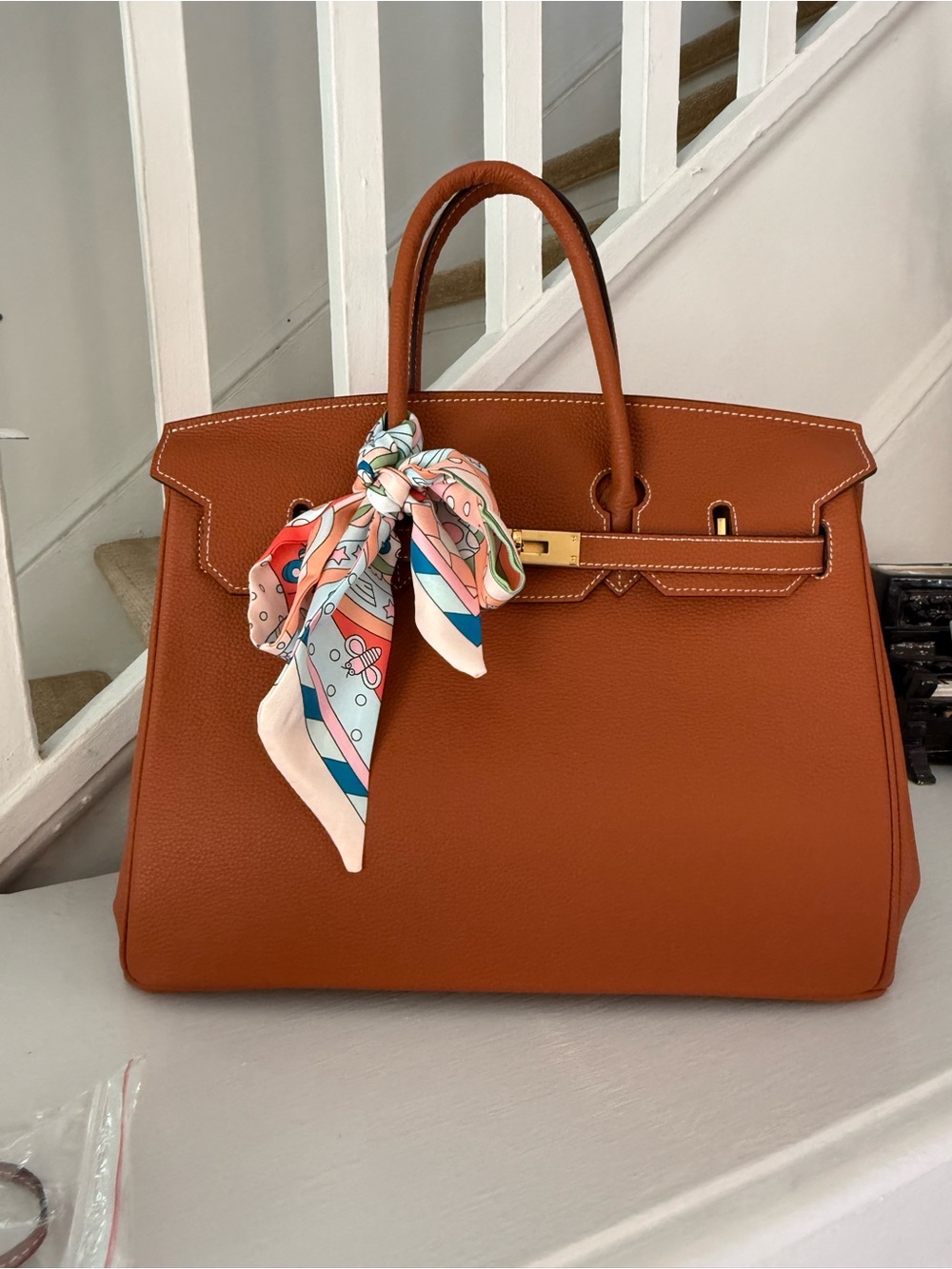 Classic Cognac Structured Tote Bag with Gold Hardware, Lock, Keys & Twilly Scarf